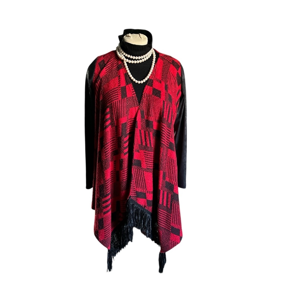 Artex Fashions Red & Black Chenille Kimono Style Cardigan With Fringe Size S Y2K